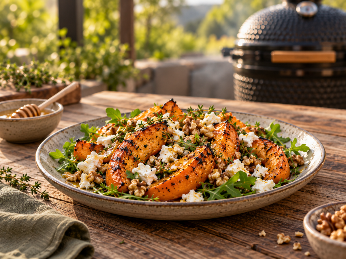Geroosterde pompoen van de kamado met feta, honing & walnoten