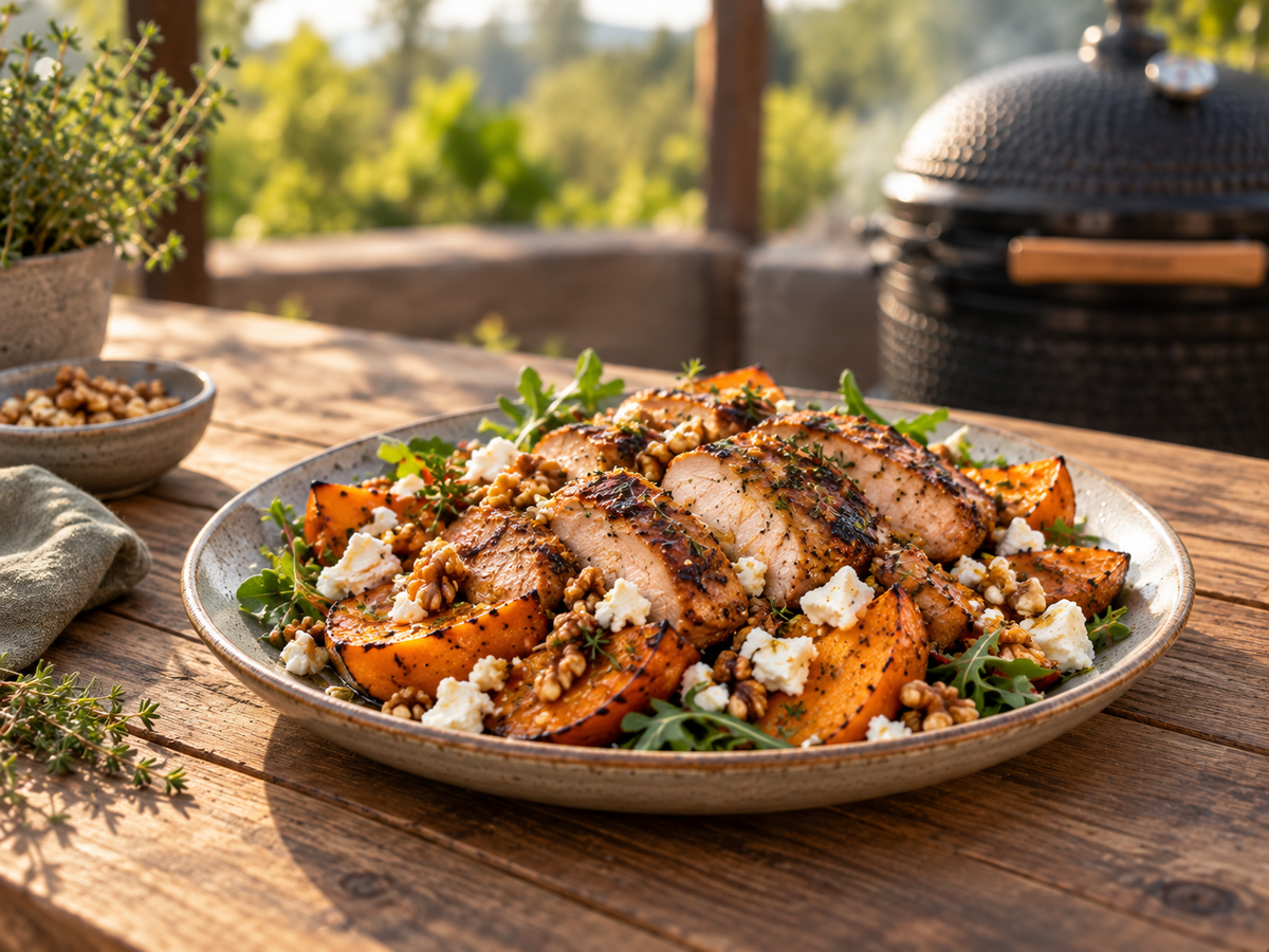 Geroosterde pompoen van de kamado met kippendijen, feta & honing